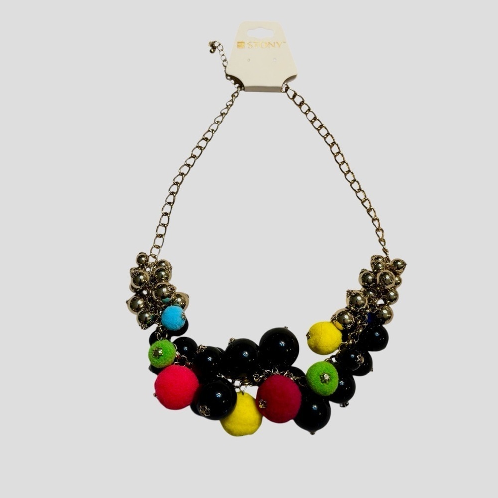 NWT Statement Necklace Vibrant Multicolor Poms Round Beads Gold-tone Chain